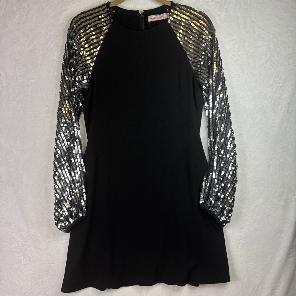 Traffic people shift dress black sequin Sleeves zip size Small 8 Glamor Holiday